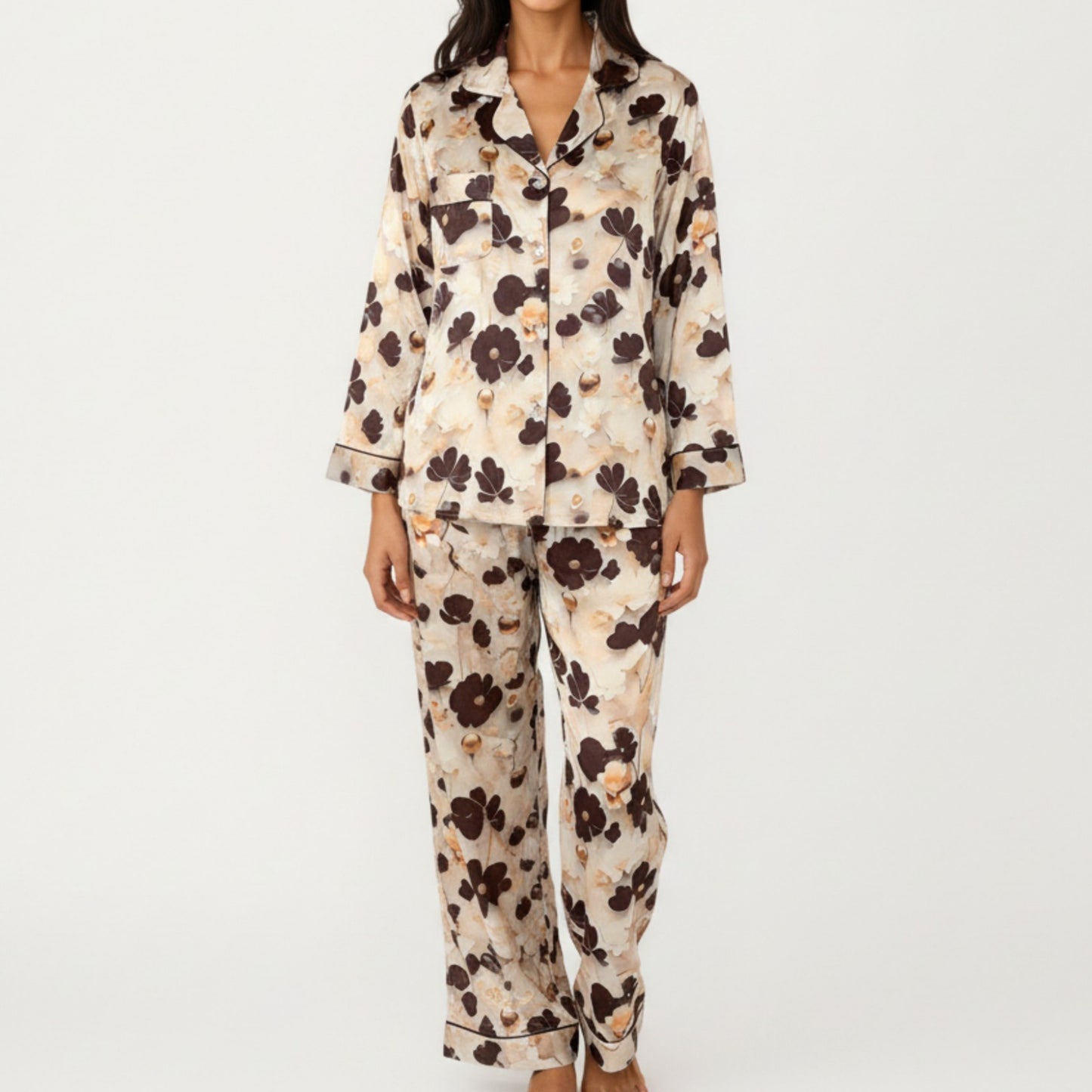 Anna-Kaci Lounge Women's 2-Piece Set Floral Satin Button Front Pajama Top with Contrast Piping and Elastic Waist Pants