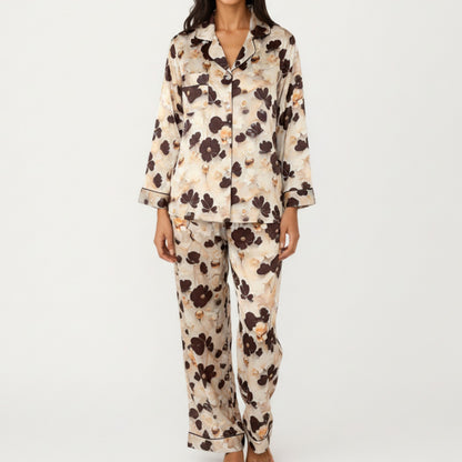 Anna-Kaci Lounge Women's 2-Piece Set Floral Satin Button Front Pajama Top with Contrast Piping and Elastic Waist Pants