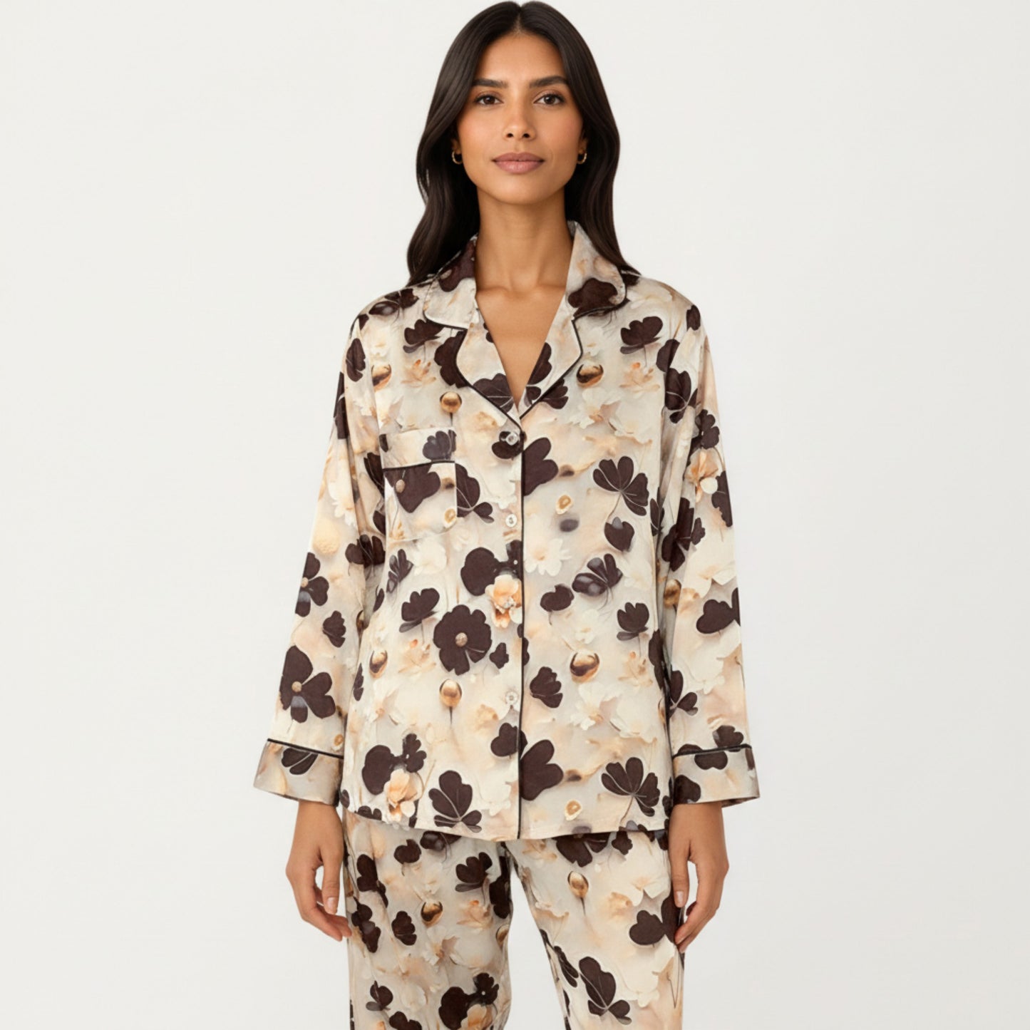 Anna-Kaci Lounge Women's 2-Piece Set Floral Satin Button Front Pajama Top with Contrast Piping and Elastic Waist Pants