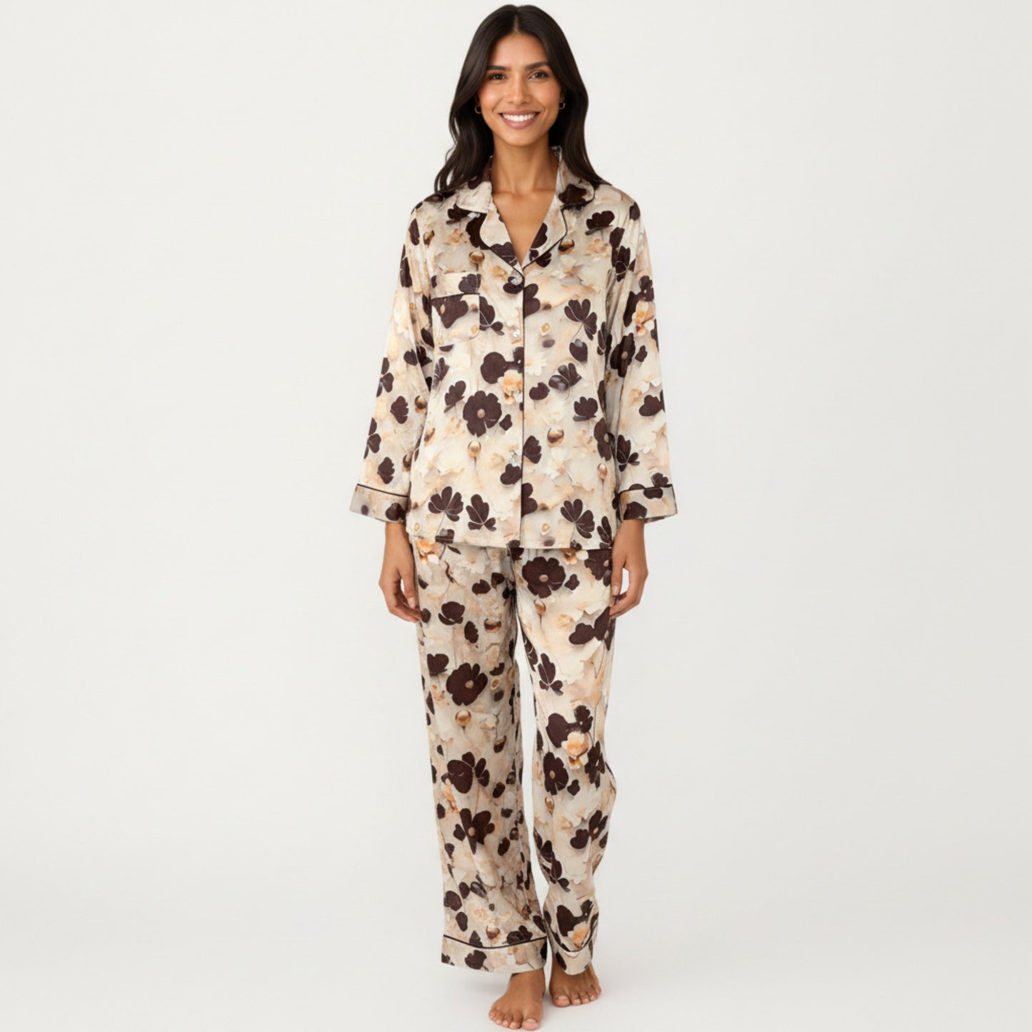 Anna-Kaci Lounge Women's 2-Piece Set Floral Satin Button Front Pajama Top with Contrast Piping and Elastic Waist Pants
