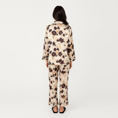 Anna-Kaci Lounge Women's 2-Piece Set Floral Satin Button Front Pajama Top with Contrast Piping and Elastic Waist Pants