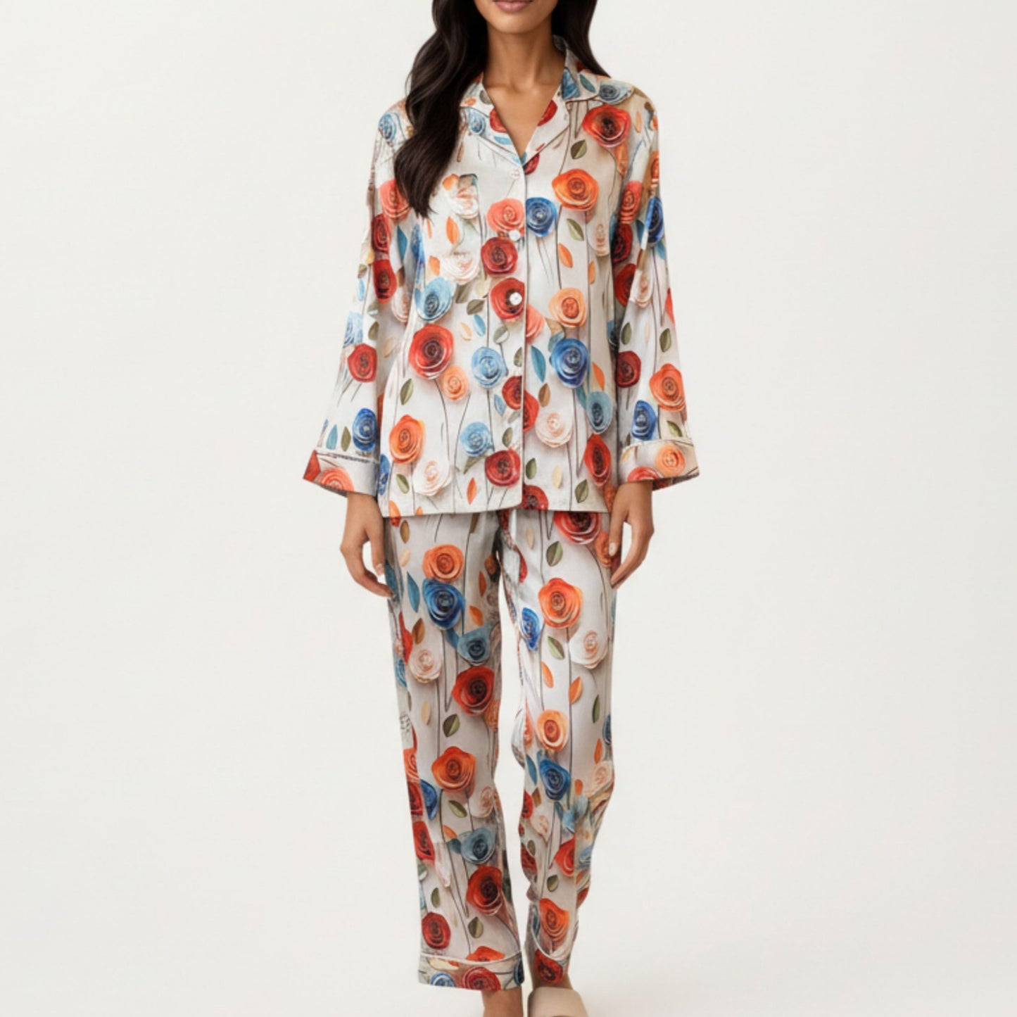 Anna-Kaci Lounge Women's 2-Piece Set Floral Satin Button Front Pajama Top with Contrast Piping and Elastic Waist Pants