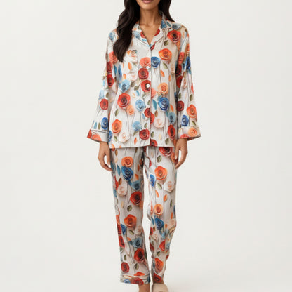 Anna-Kaci Lounge Women's 2-Piece Set Floral Satin Button Front Pajama Top with Contrast Piping and Elastic Waist Pants