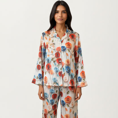 Anna-Kaci Lounge Women's 2-Piece Set Floral Satin Button Front Pajama Top with Contrast Piping and Elastic Waist Pants