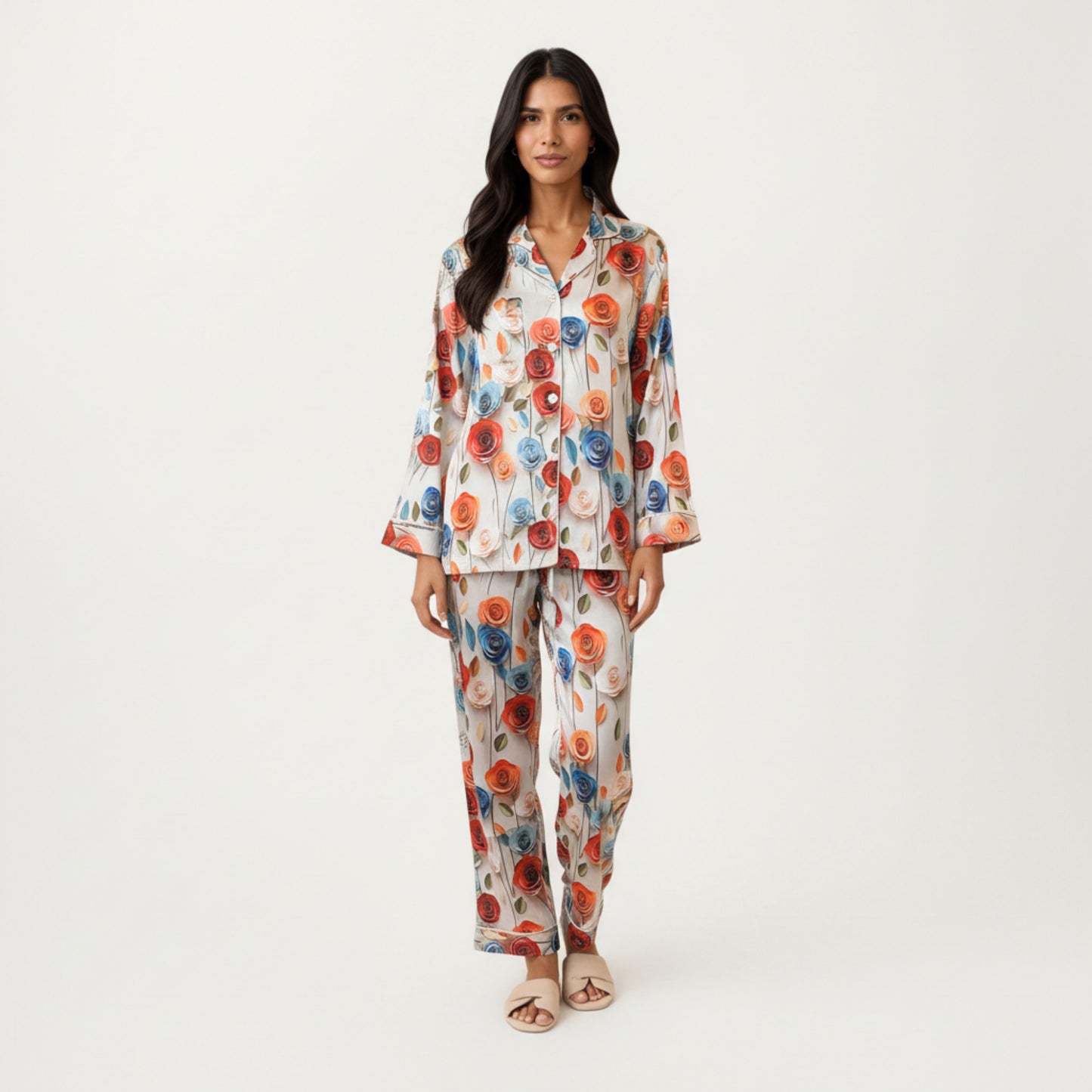 Anna-Kaci Lounge Women's 2-Piece Set Floral Satin Button Front Pajama Top with Contrast Piping and Elastic Waist Pants