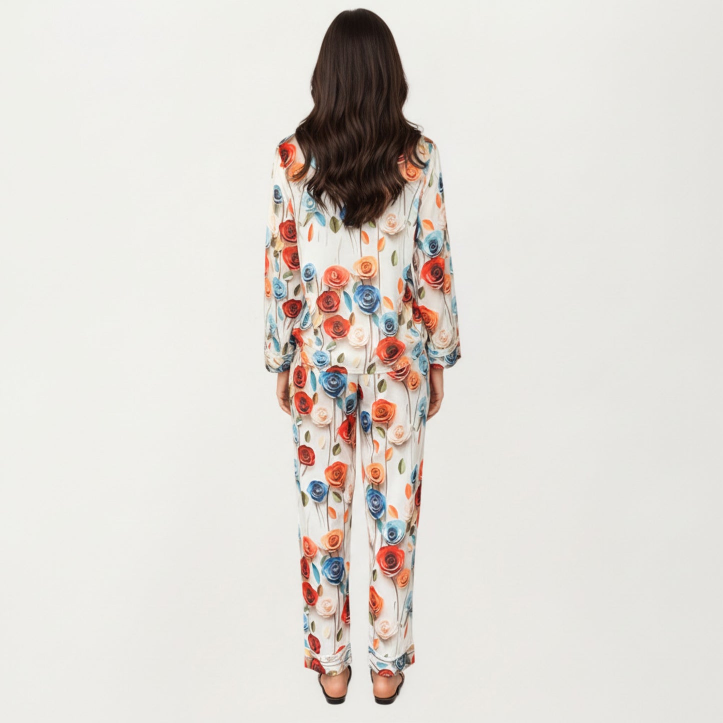 Anna-Kaci Lounge Women's 2-Piece Set Floral Satin Button Front Pajama Top with Contrast Piping and Elastic Waist Pants