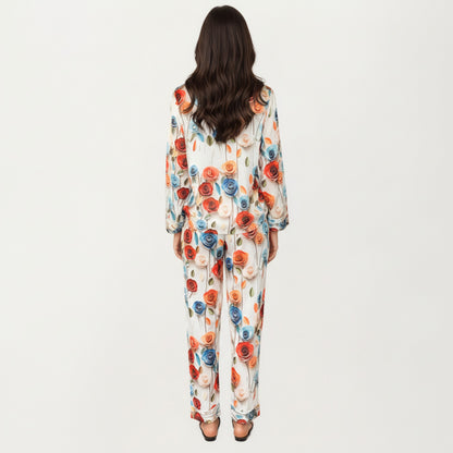 Anna-Kaci Lounge Women's 2-Piece Set Floral Satin Button Front Pajama Top with Contrast Piping and Elastic Waist Pants