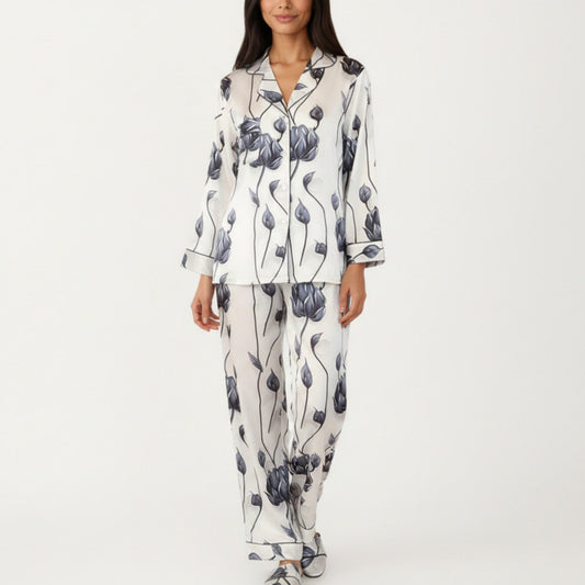 Anna-Kaci Lounge Women's 2-Piece Set Floral Satin Button Front Pajama Top with Contrast Piping and Elastic Waist Pants