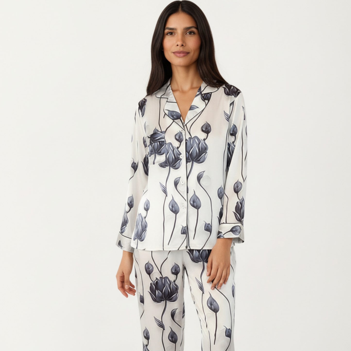 Anna-Kaci Lounge Women's 2-Piece Set Floral Satin Button Front Pajama Top with Contrast Piping and Elastic Waist Pants