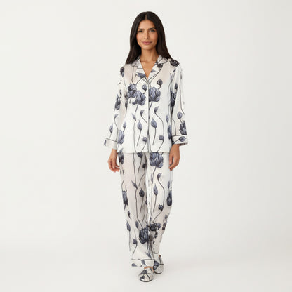 Anna-Kaci Lounge Women's 2-Piece Set Floral Satin Button Front Pajama Top with Contrast Piping and Elastic Waist Pants