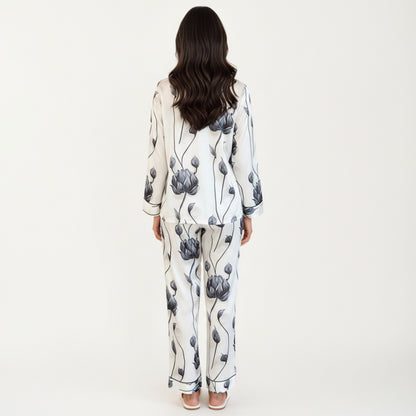 Anna-Kaci Lounge Women's 2-Piece Set Floral Satin Button Front Pajama Top with Contrast Piping and Elastic Waist Pants