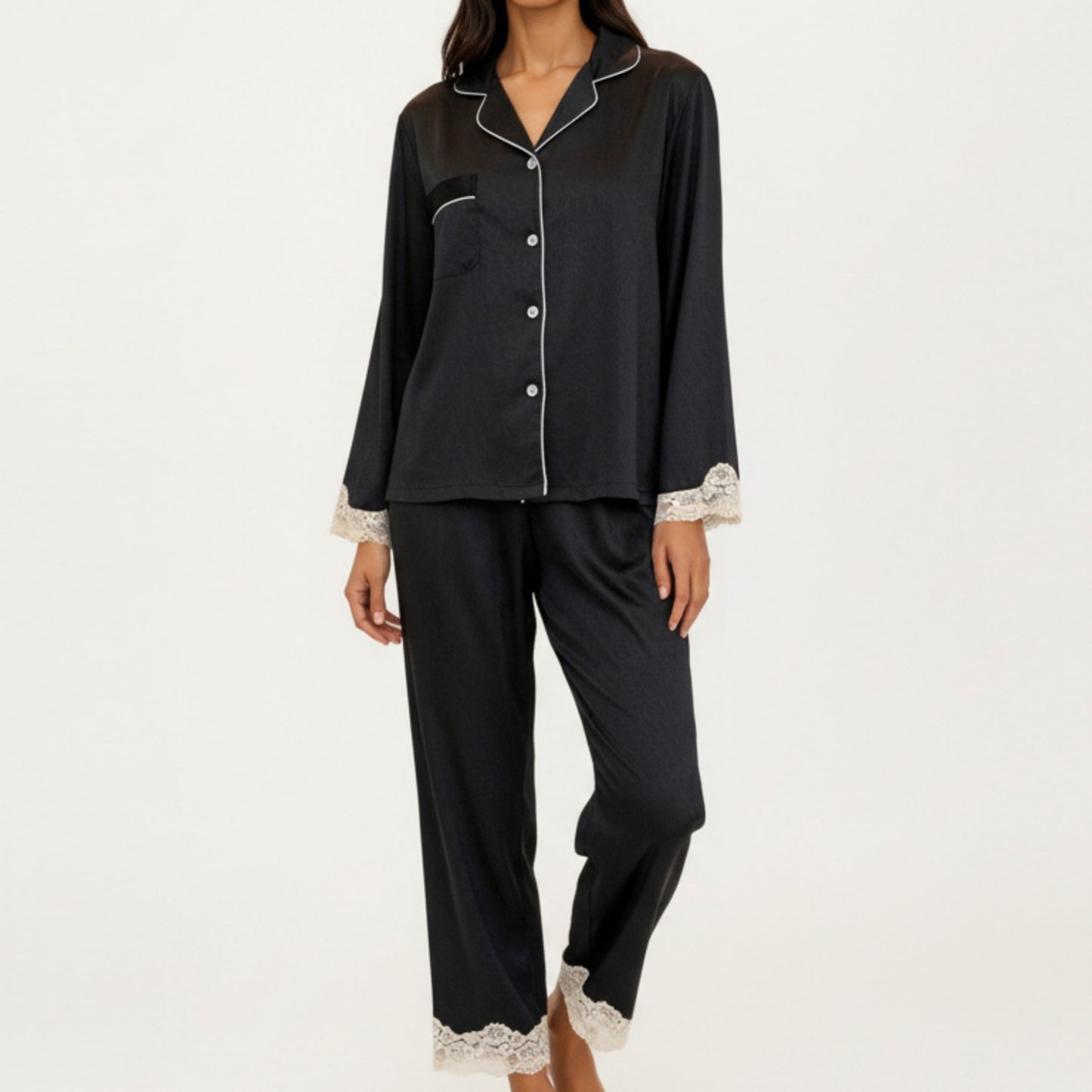 Anna-Kaci Lounge Women's 2-Piece Set Satin Button Front Pajama Top with Lace Trim Sleeves and Matching Elastic Waist Pants