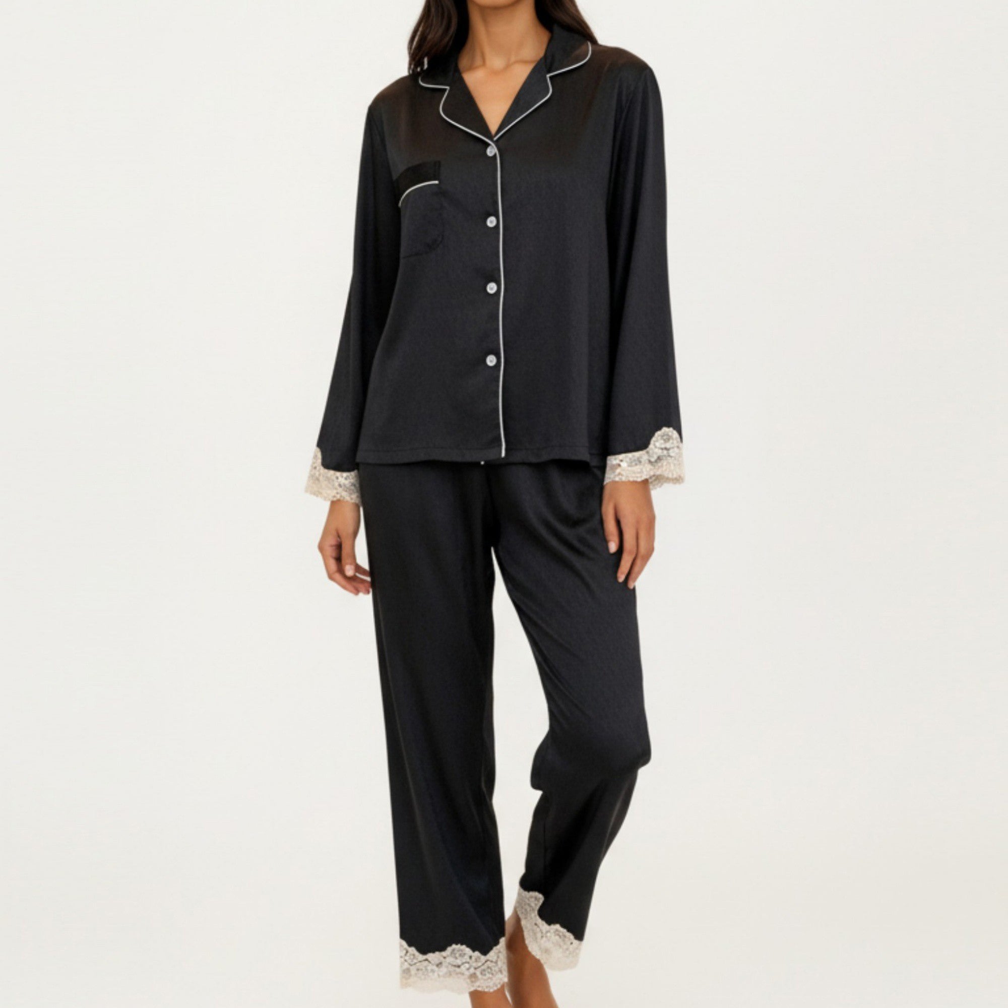Anna-Kaci Lounge Women's 2-Piece Set Satin Button Front Pajama Top with Lace Trim Sleeves and Matching Elastic Waist Pants