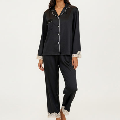 Anna-Kaci Lounge Women's 2-Piece Set Satin Button Front Pajama Top with Lace Trim Sleeves and Matching Elastic Waist Pants