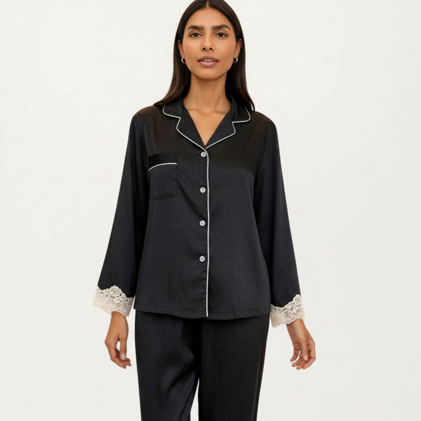 Anna-Kaci Lounge Women's 2-Piece Set Satin Button Front Pajama Top with Lace Trim Sleeves and Matching Elastic Waist Pants