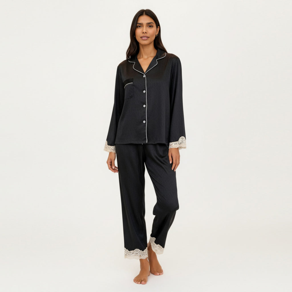 Anna-Kaci Lounge Women's 2-Piece Set Satin Button Front Pajama Top with Lace Trim Sleeves and Matching Elastic Waist Pants