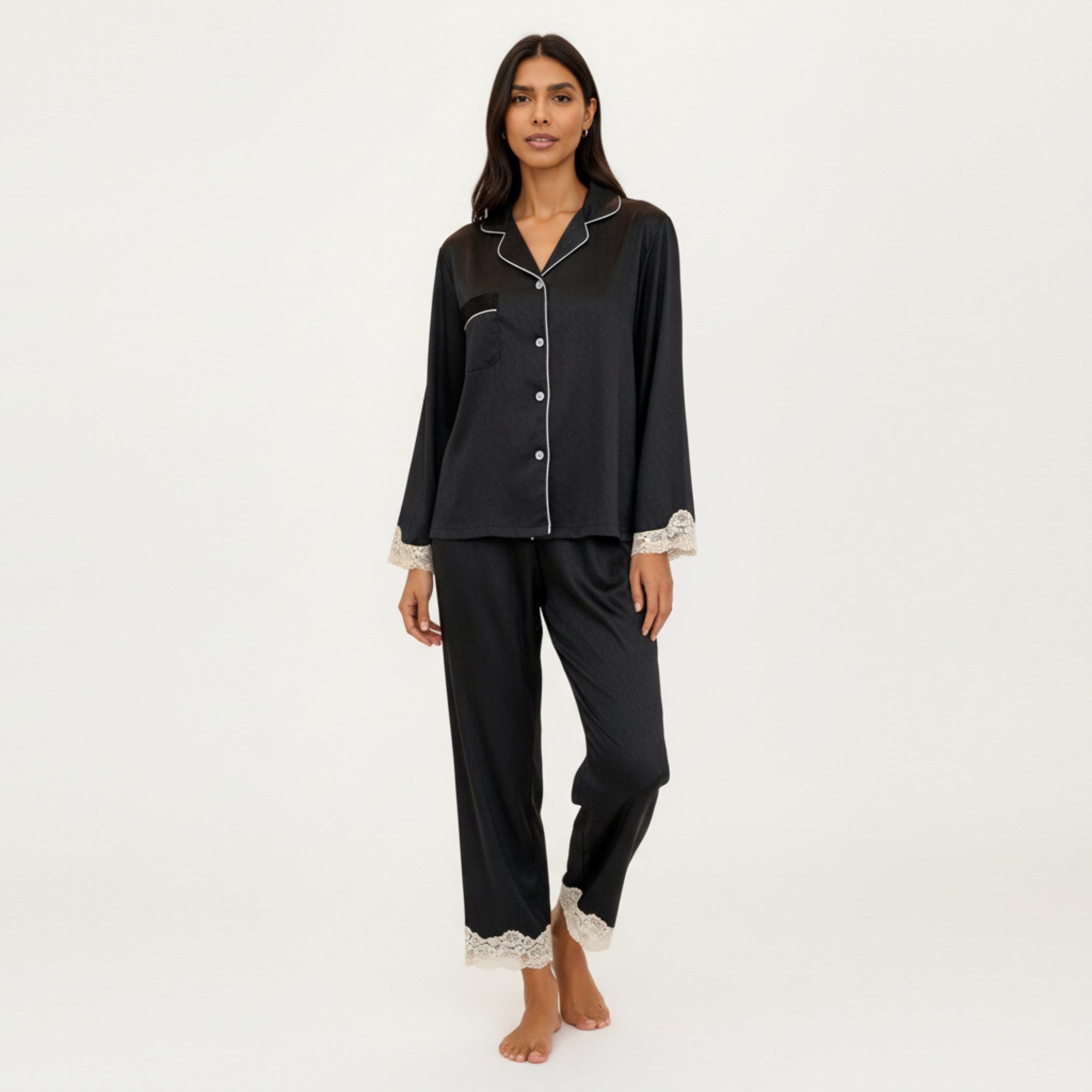 Anna-Kaci Lounge Women's 2-Piece Set Satin Button Front Pajama Top with Lace Trim Sleeves and Matching Elastic Waist Pants