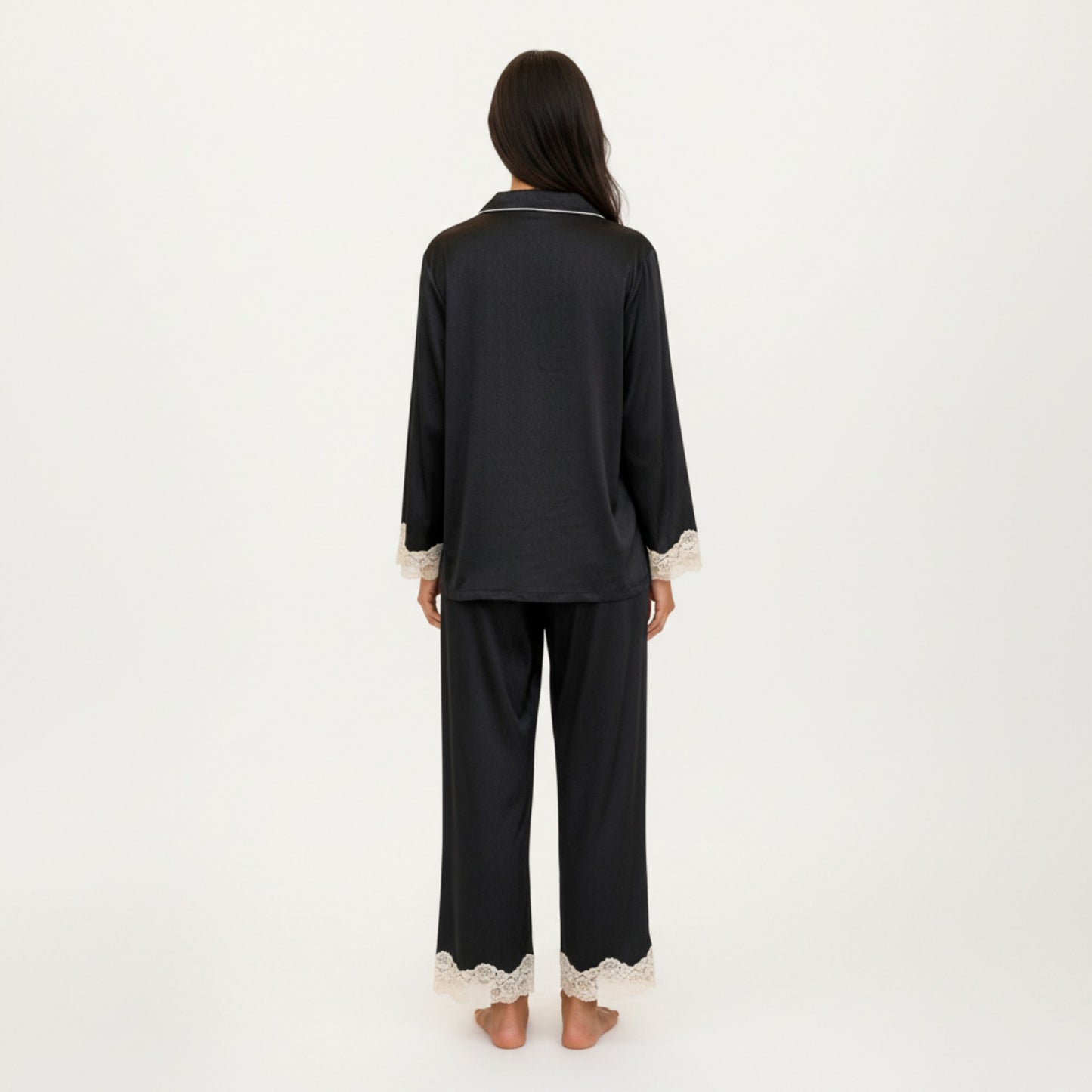 Anna-Kaci Lounge Women's 2-Piece Set Satin Button Front Pajama Top with Lace Trim Sleeves and Matching Elastic Waist Pants