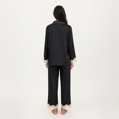 Anna-Kaci Lounge Women's 2-Piece Set Satin Button Front Pajama Top with Lace Trim Sleeves and Matching Elastic Waist Pants