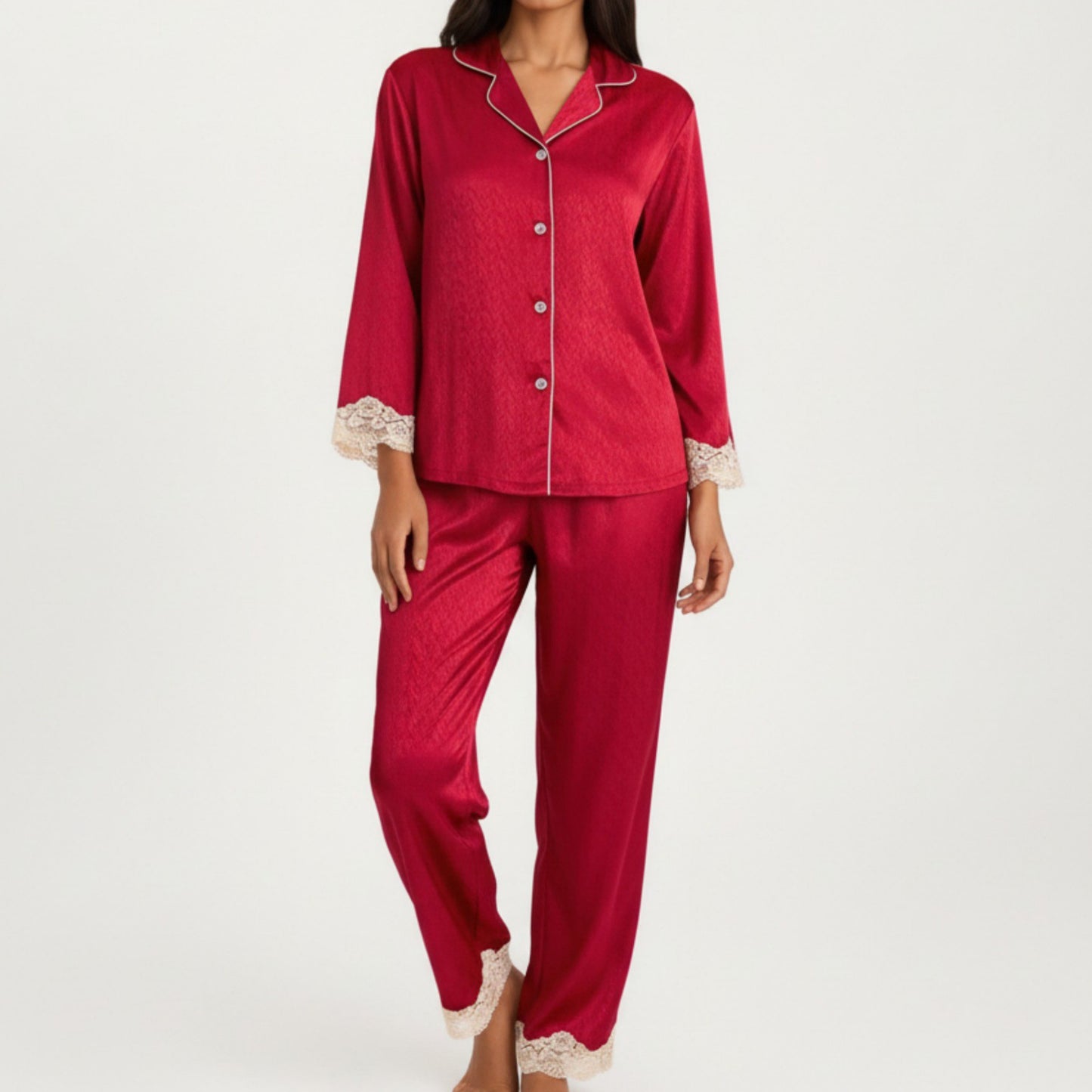 Anna-Kaci Lounge Women's 2-Piece Set Satin Button Front Pajama Top with Lace Trim Sleeves and Matching Elastic Waist Pants