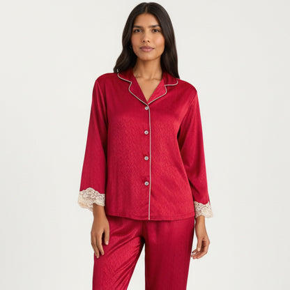 Anna-Kaci Lounge Women's 2-Piece Set Satin Button Front Pajama Top with Lace Trim Sleeves and Matching Elastic Waist Pants