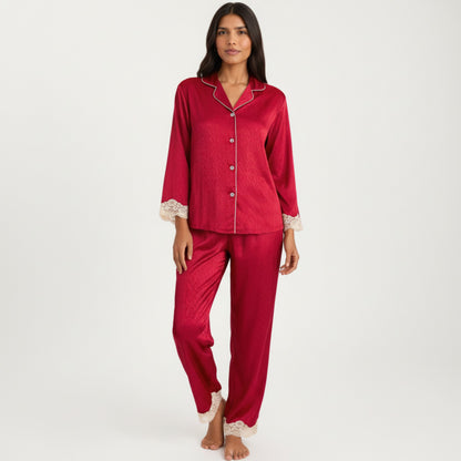 Anna-Kaci Lounge Women's 2-Piece Set Satin Button Front Pajama Top with Lace Trim Sleeves and Matching Elastic Waist Pants