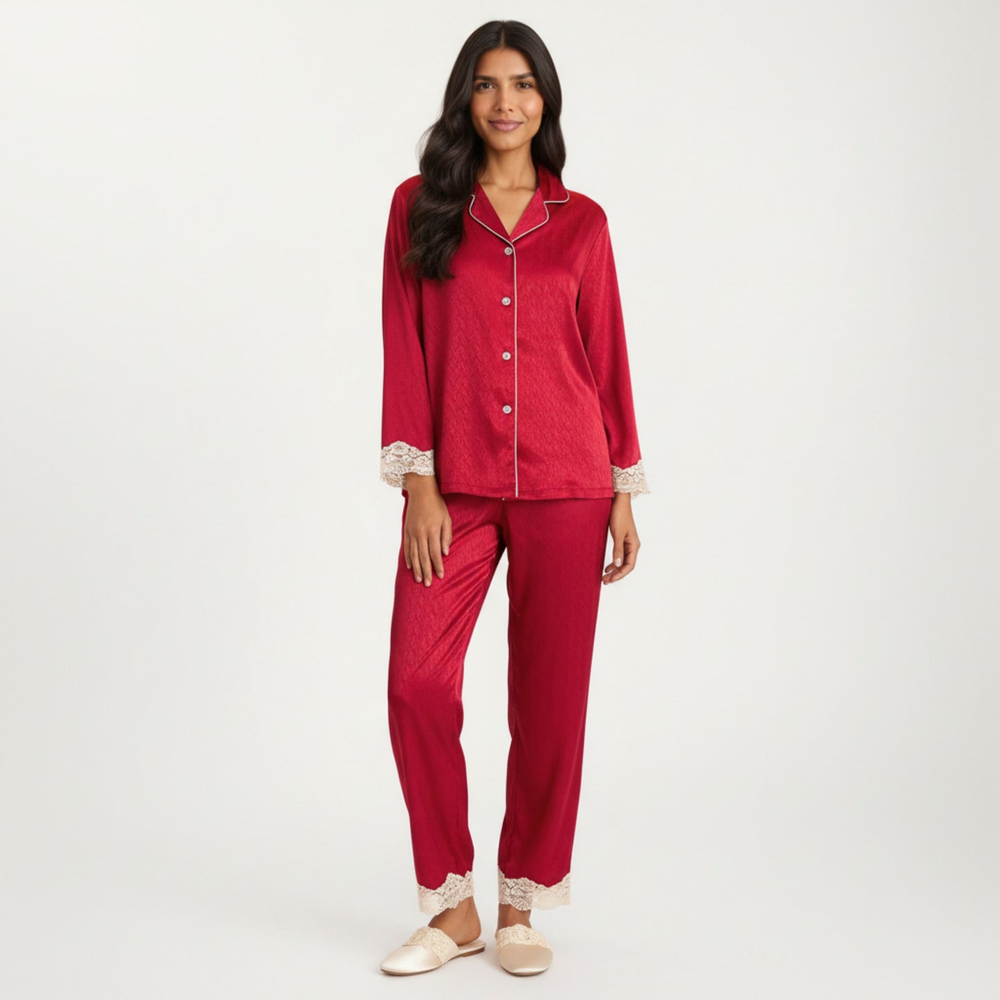 Anna-Kaci Lounge Women's 2-Piece Set Satin Button Front Pajama Top with Lace Trim Sleeves and Matching Elastic Waist Pants