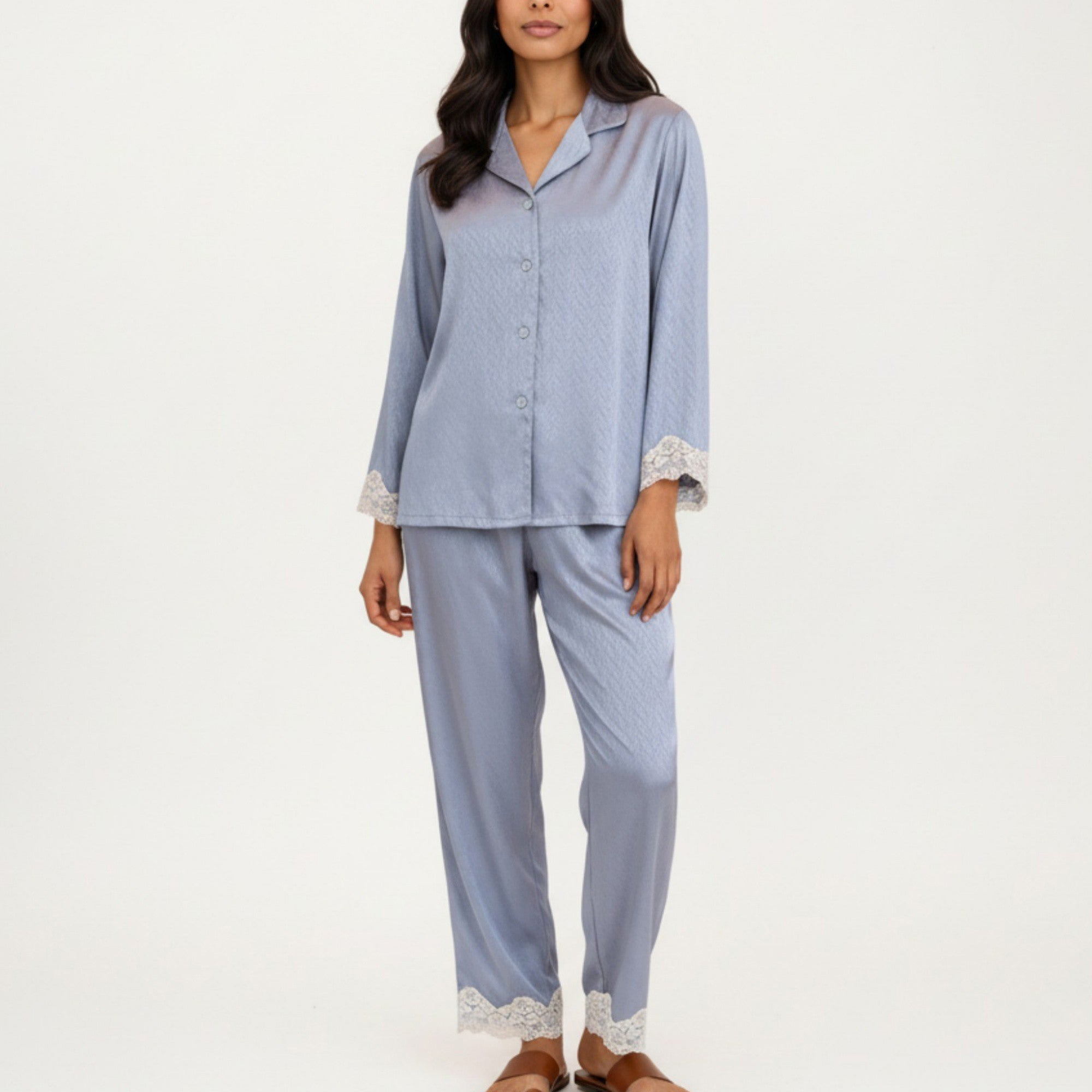 Anna-Kaci Lounge Women's 2-Piece Set Satin Button Front Pajama Top with Lace Trim Sleeves and Matching Elastic Waist Pants