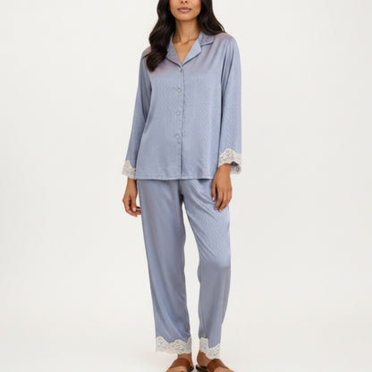 Anna-Kaci Lounge Women's 2-Piece Set Satin Button Front Pajama Top with Lace Trim Sleeves and Matching Elastic Waist Pants