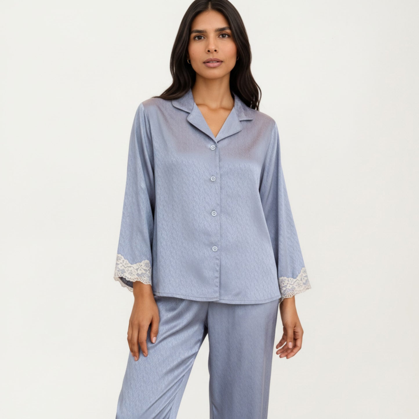 Anna-Kaci Lounge Women's 2-Piece Set Satin Button Front Pajama Top with Lace Trim Sleeves and Matching Elastic Waist Pants