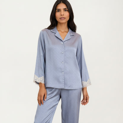Anna-Kaci Lounge Women's 2-Piece Set Satin Button Front Pajama Top with Lace Trim Sleeves and Matching Elastic Waist Pants
