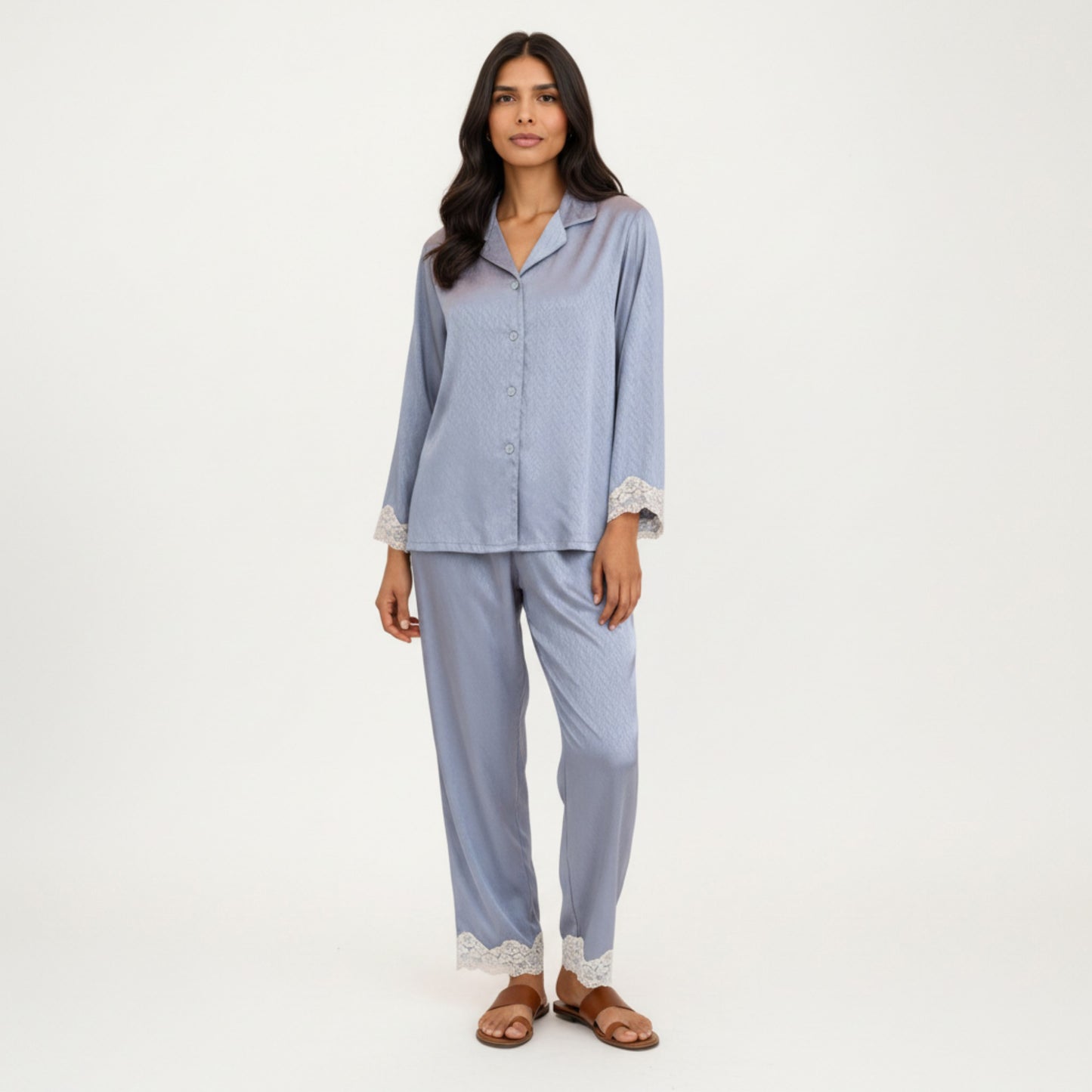 Anna-Kaci Lounge Women's 2-Piece Set Satin Button Front Pajama Top with Lace Trim Sleeves and Matching Elastic Waist Pants