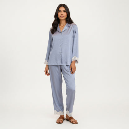 Anna-Kaci Lounge Women's 2-Piece Set Satin Button Front Pajama Top with Lace Trim Sleeves and Matching Elastic Waist Pants