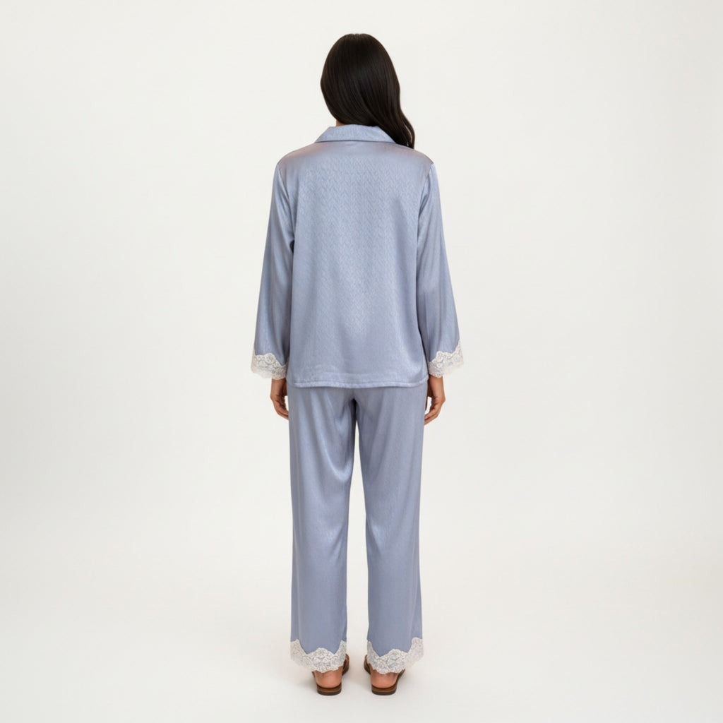 Anna-Kaci Lounge Women's 2-Piece Set Satin Button Front Pajama Top with Lace Trim Sleeves and Matching Elastic Waist Pants
