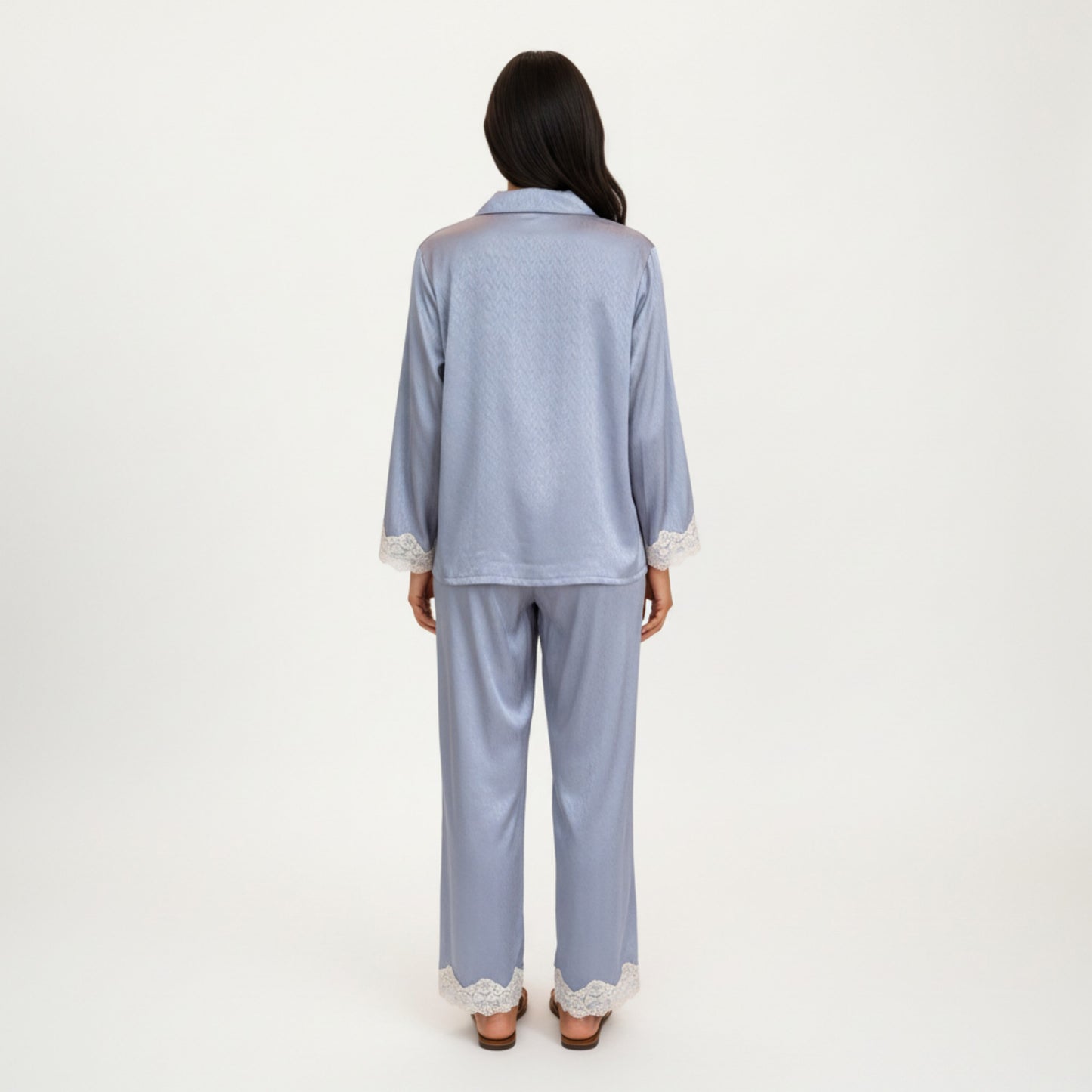 Anna-Kaci Lounge Women's 2-Piece Set Satin Button Front Pajama Top with Lace Trim Sleeves and Matching Elastic Waist Pants