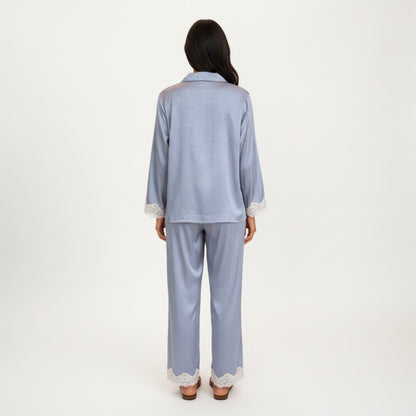 Anna-Kaci Lounge Women's 2-Piece Set Satin Button Front Pajama Top with Lace Trim Sleeves and Matching Elastic Waist Pants