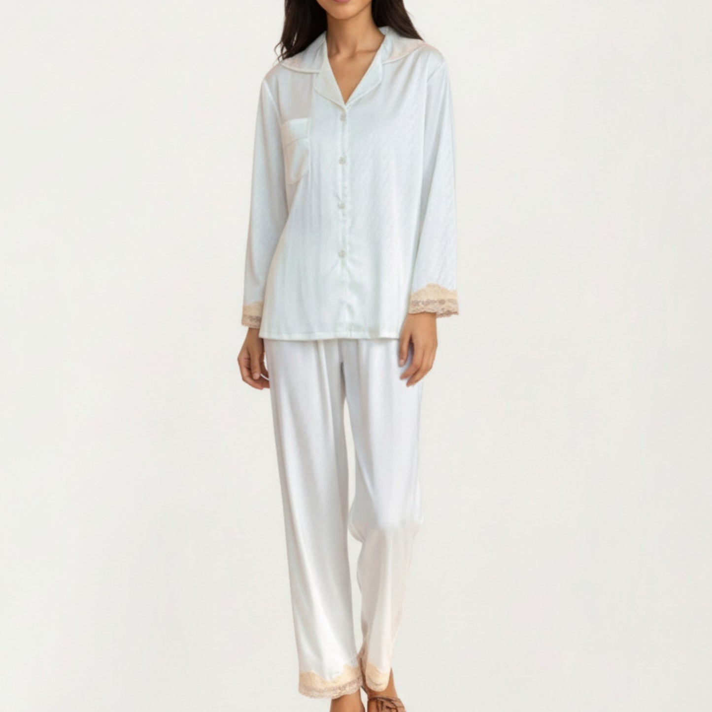 Anna-Kaci Lounge Women's 2-Piece Set Satin Button Front Pajama Top with Lace Trim Sleeves and Matching Elastic Waist Pants