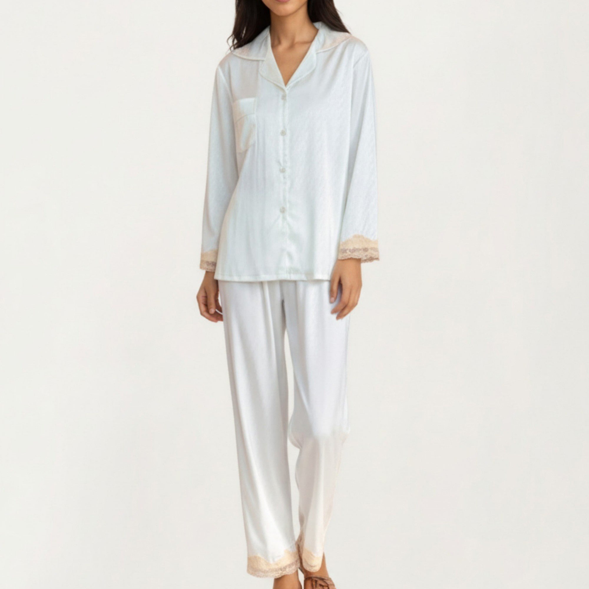 Anna-Kaci Lounge Women's 2-Piece Set Satin Button Front Pajama Top with Lace Trim Sleeves and Matching Elastic Waist Pants