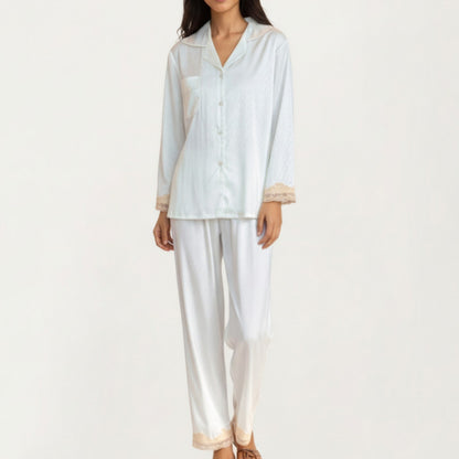 Anna-Kaci Lounge Women's 2-Piece Set Satin Button Front Pajama Top with Lace Trim Sleeves and Matching Elastic Waist Pants