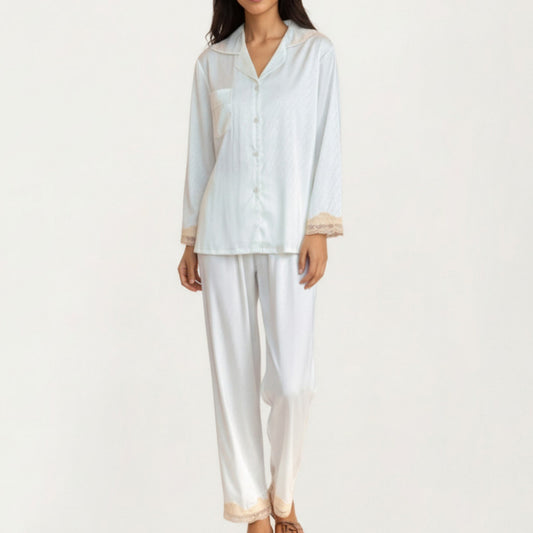 Anna-Kaci Lounge Women's 2-Piece Set Satin Button Front Pajama Top with Lace Trim Sleeves and Matching Elastic Waist Pants