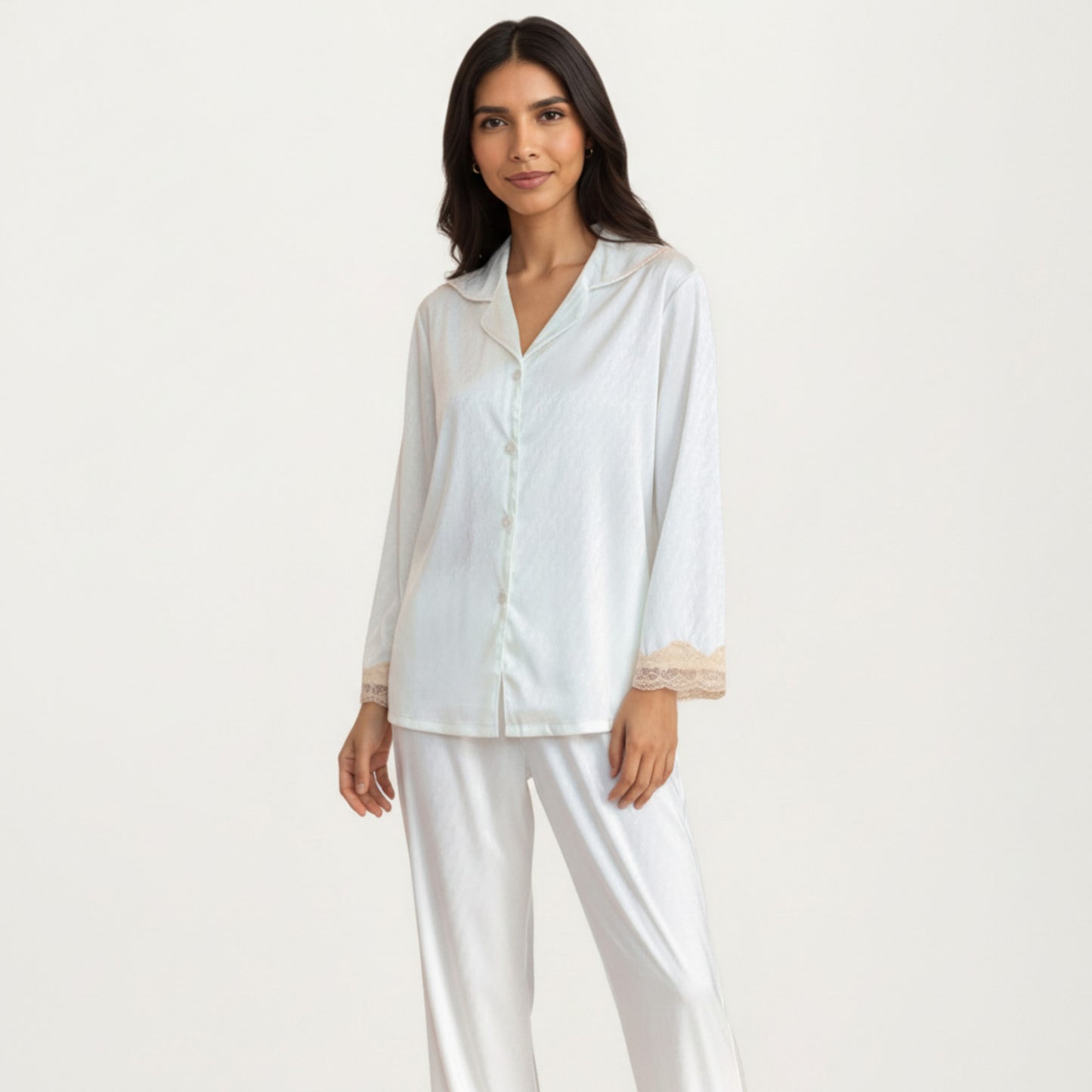 Anna-Kaci Lounge Women's 2-Piece Set Satin Button Front Pajama Top with Lace Trim Sleeves and Matching Elastic Waist Pants