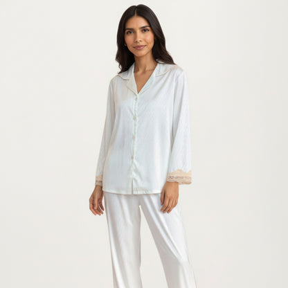 Anna-Kaci Lounge Women's 2-Piece Set Satin Button Front Pajama Top with Lace Trim Sleeves and Matching Elastic Waist Pants