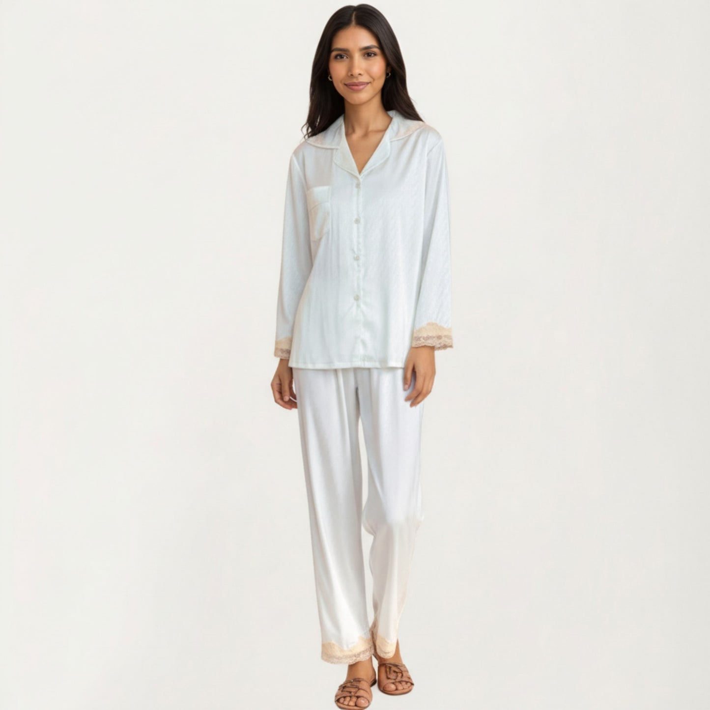 Anna-Kaci Lounge Women's 2-Piece Set Satin Button Front Pajama Top with Lace Trim Sleeves and Matching Elastic Waist Pants