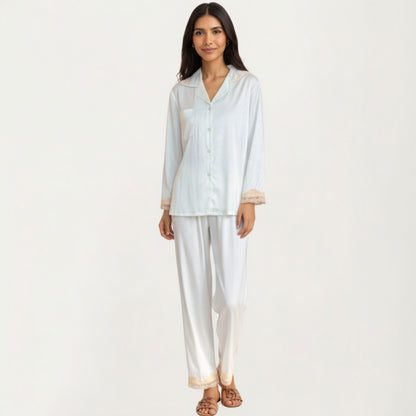 Anna-Kaci Lounge Women's 2-Piece Set Satin Button Front Pajama Top with Lace Trim Sleeves and Matching Elastic Waist Pants
