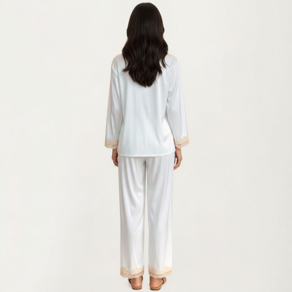 Anna-Kaci Lounge Women's 2-Piece Set Satin Button Front Pajama Top with Lace Trim Sleeves and Matching Elastic Waist Pants