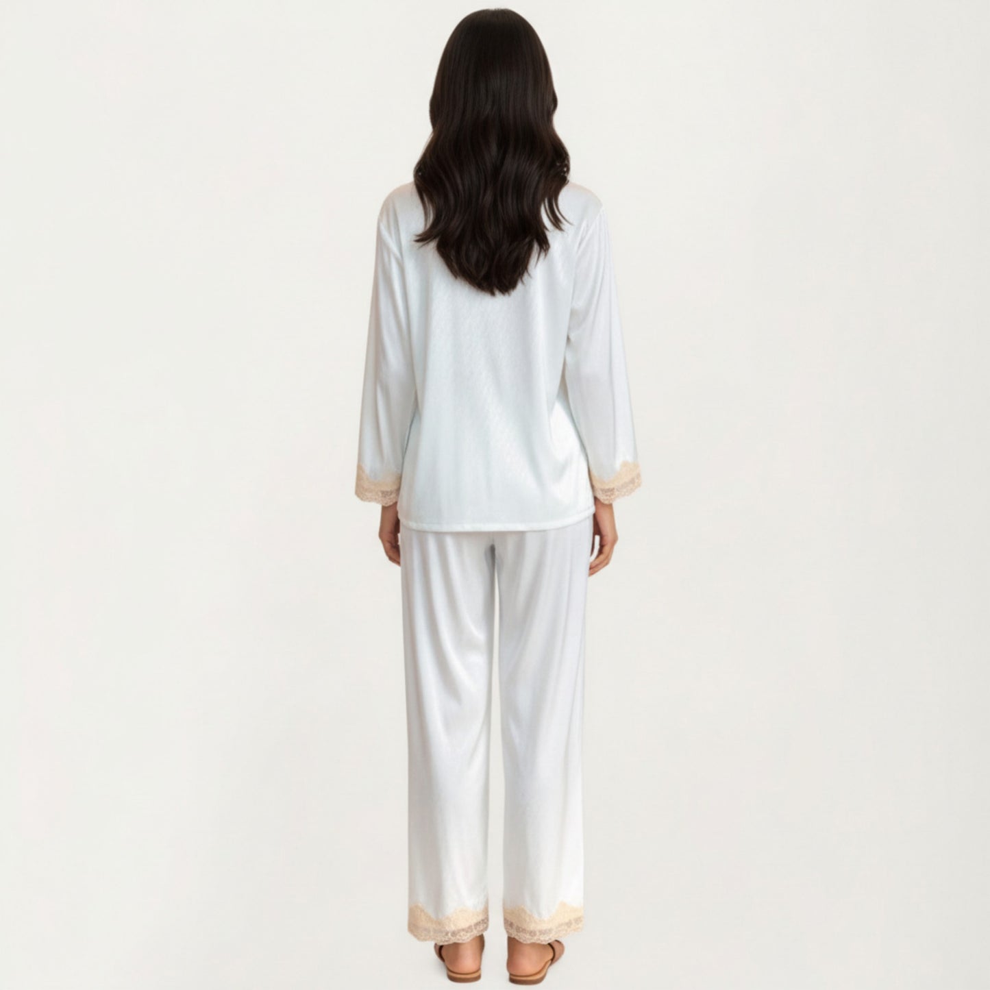 Anna-Kaci Lounge Women's 2-Piece Set Satin Button Front Pajama Top with Lace Trim Sleeves and Matching Elastic Waist Pants