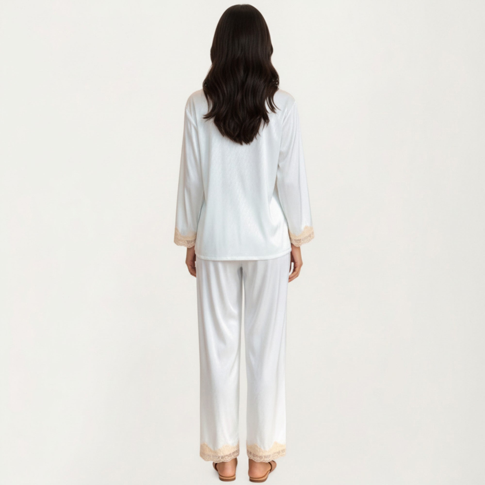 Anna-Kaci Lounge Women's 2-Piece Set Satin Button Front Pajama Top with Lace Trim Sleeves and Matching Elastic Waist Pants