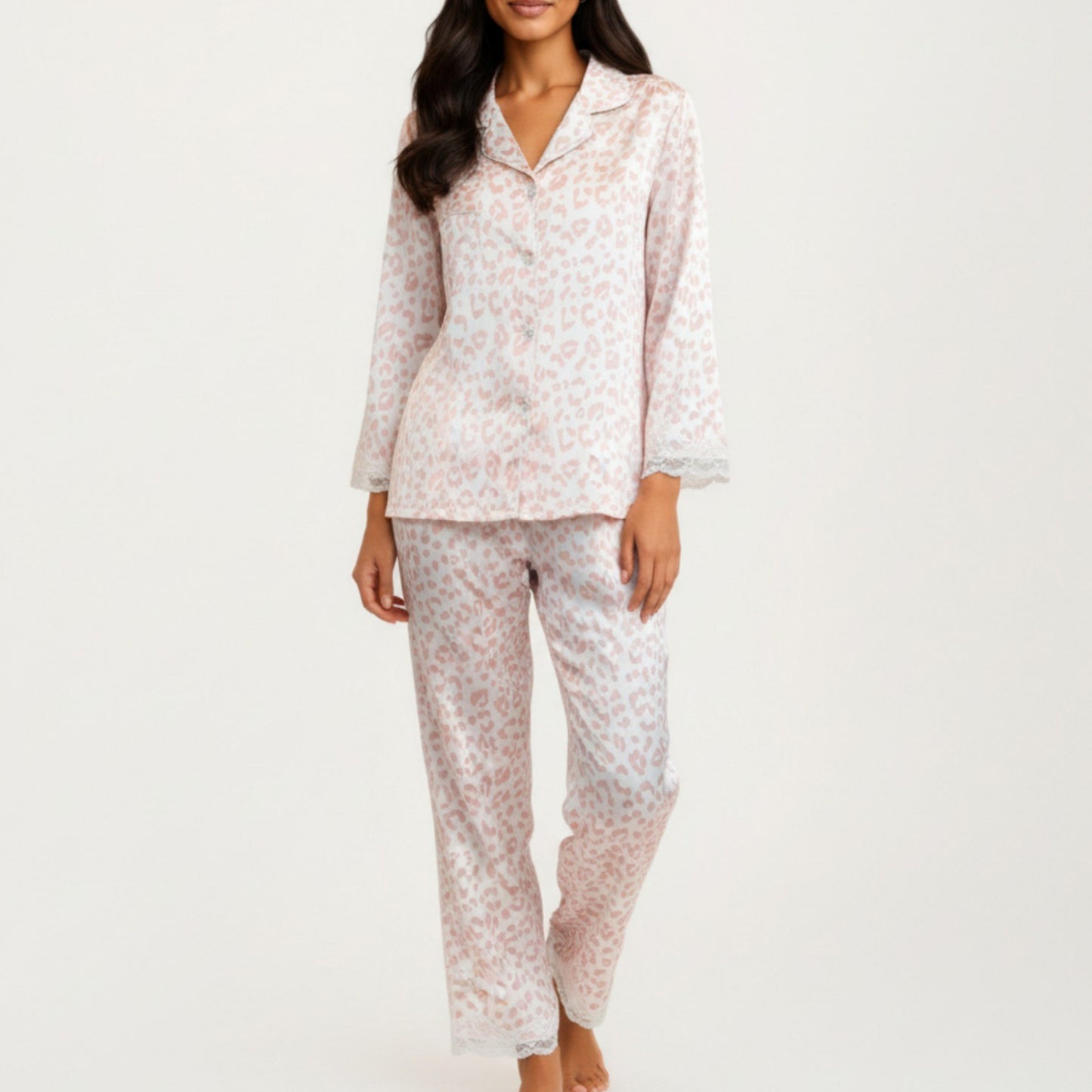 Anna-Kaci Lounge Women's 2-Piece Set Leopard Print Button Front Pajama Top with Lace Trim Sleeves and Matching Relaxed Fit Pants