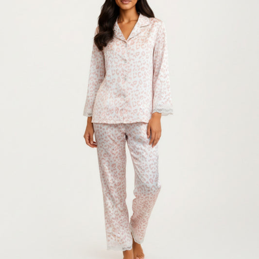 Anna-Kaci Lounge Women's 2-Piece Set Leopard Print Button Front Pajama Top with Lace Trim Sleeves and Matching Relaxed Fit Pants