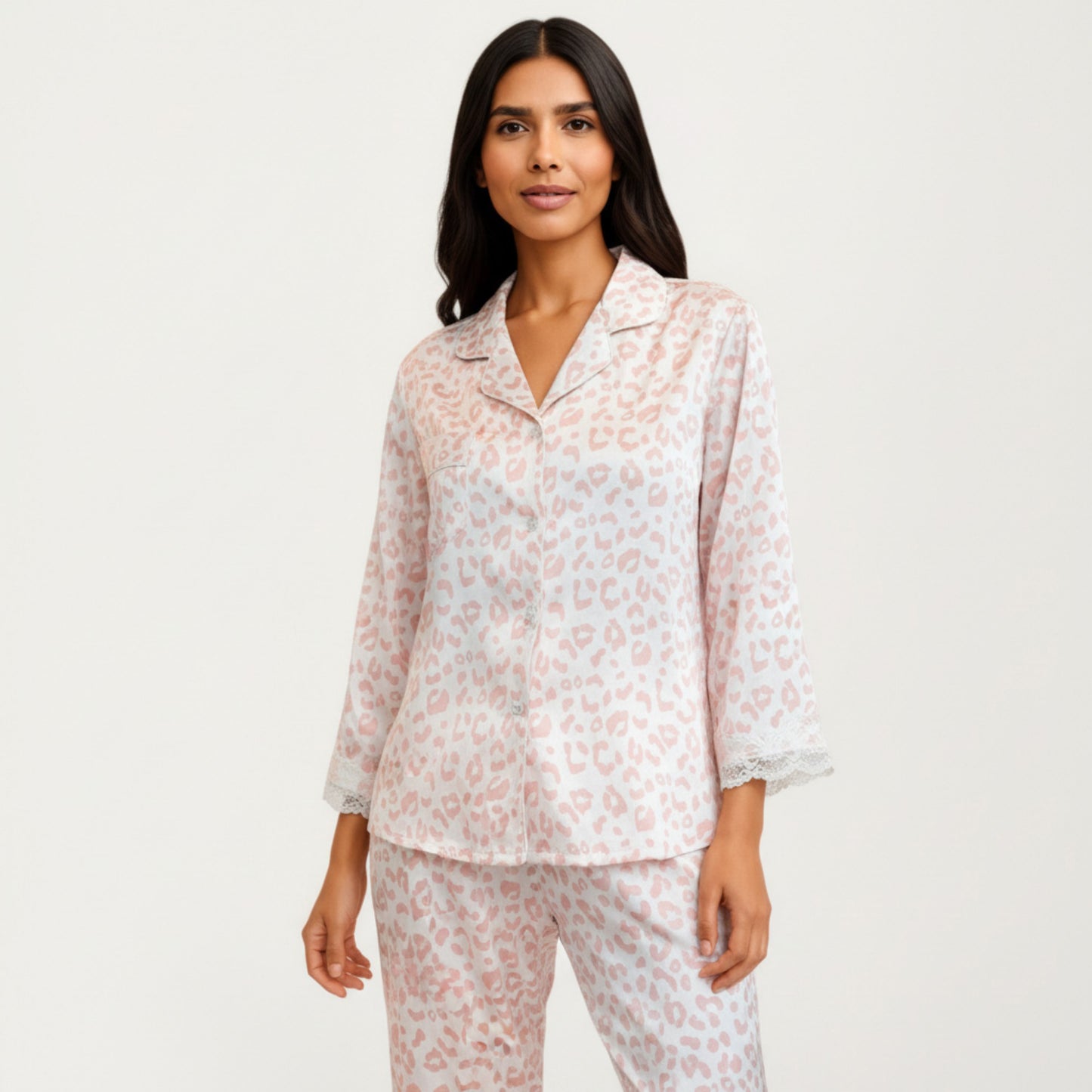 Anna-Kaci Lounge Women's 2-Piece Set Leopard Print Button Front Pajama Top with Lace Trim Sleeves and Matching Relaxed Fit Pants